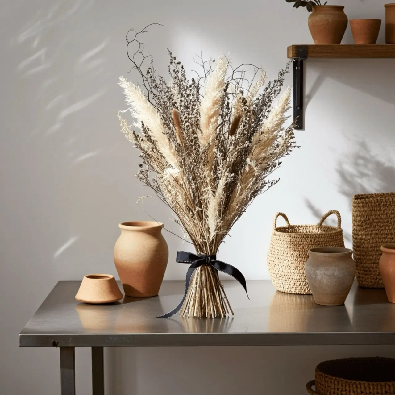 "Frosted Noir"  Large Modern Dried Flower Arrangement - Black & White Contrast Decor (70cm) -Handcrafted dried & preserved arrangement