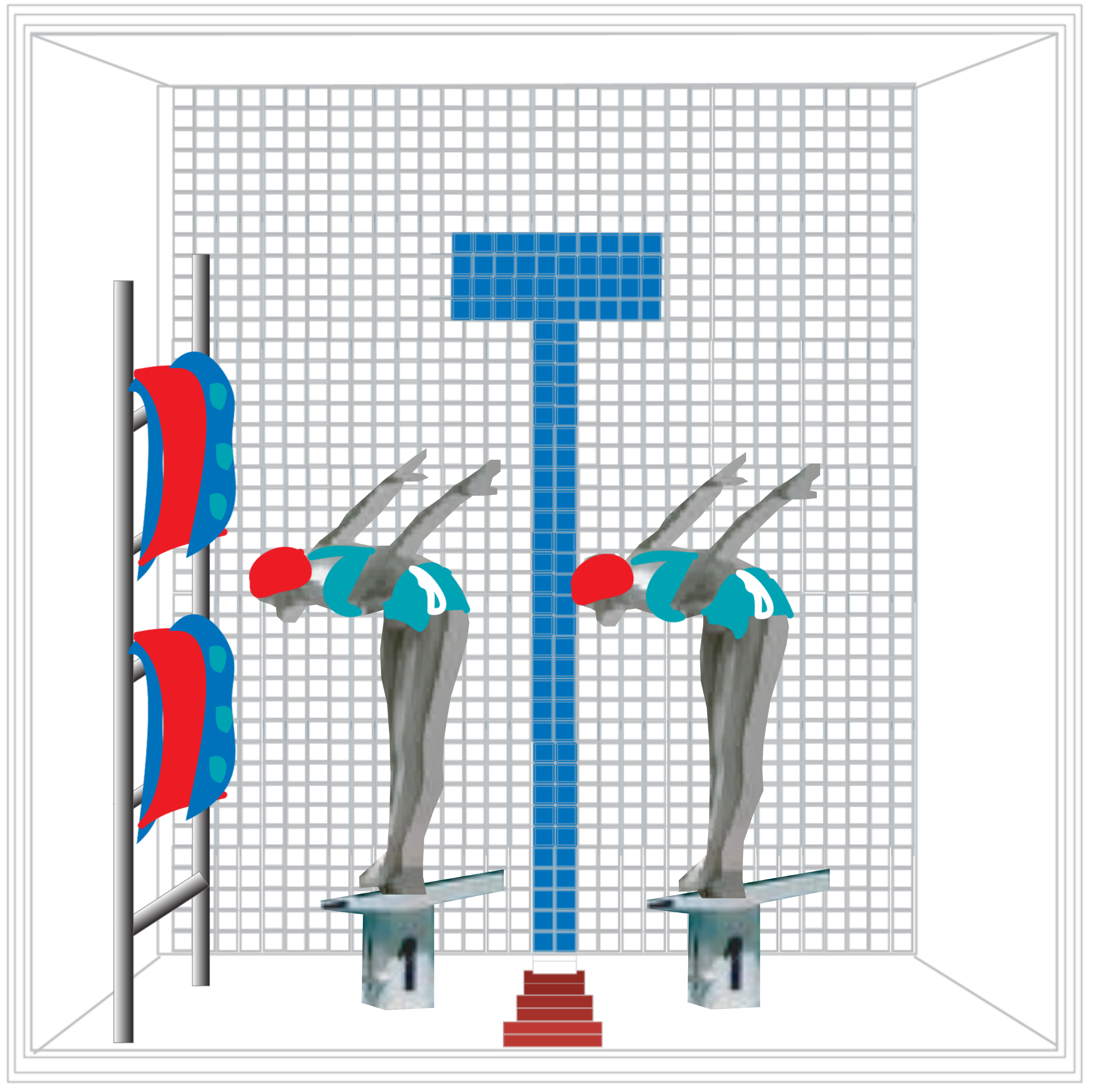 A digital illustration of a display window concept of a swimming pool and start blocks each with a woman ready to dive in.