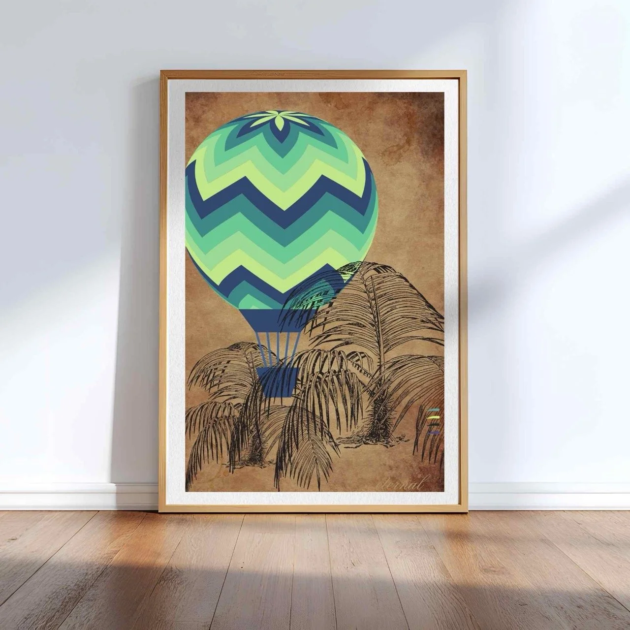 Hot Air Balloon in Sepia with Palm Art Print , Eternal Art Prints