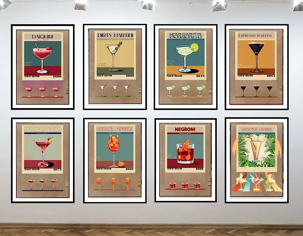 8 framed vintage-style cocktail posters displayed on a gallery wall, each featuring different cocktails with names like Daiquiri, Dirty Martini, Margarita, Espresso Martini, Cosmopolitan, Aperol Spritz, Negroni, and Cocktail Lounge, along with illust
