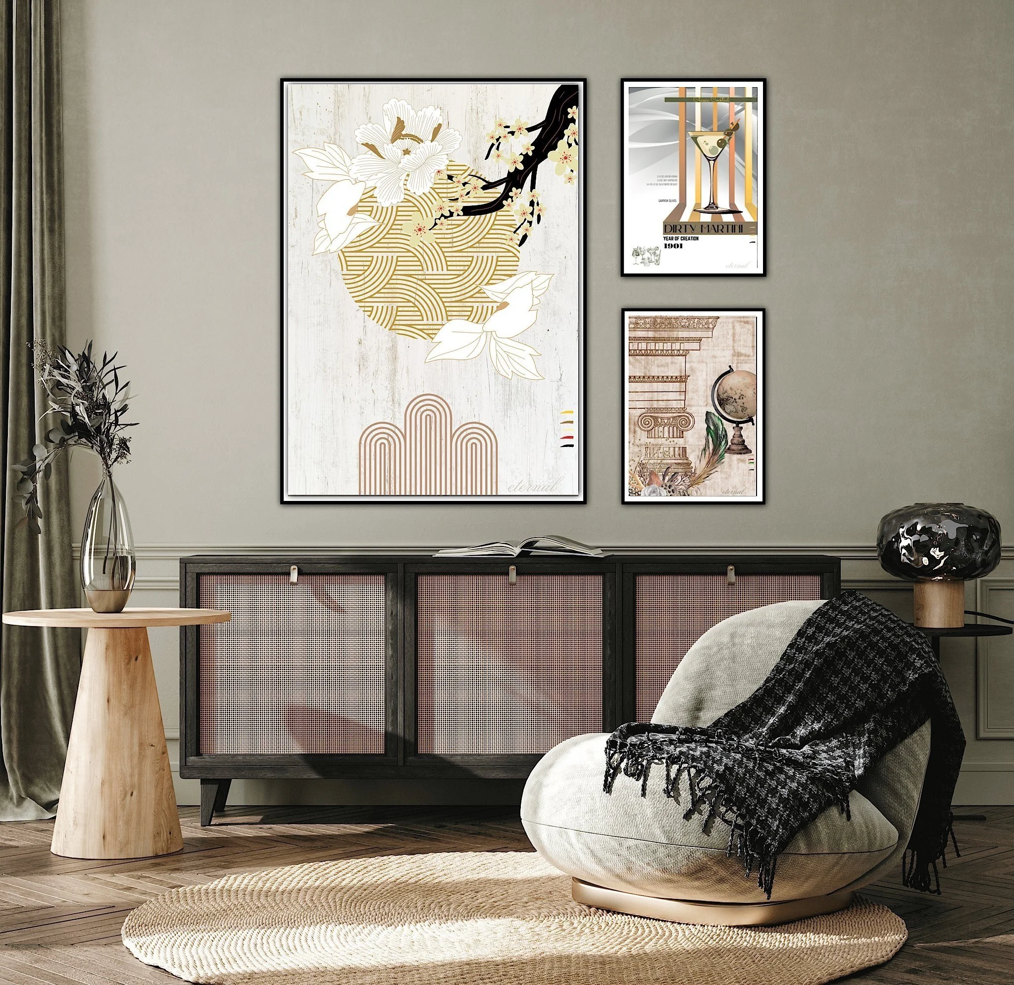 Living room with framed artwork on a light green wall, a black and pink cabinet, a modern armchair with a black throw, a wooden side table with a vase and plant, a black decorative object, a round beige rug, and dark curtains.