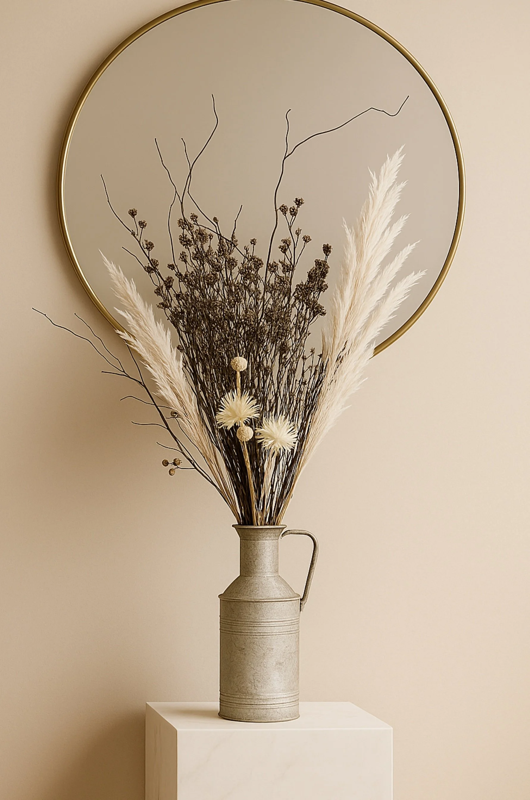 Frosted Noir Dried Floral Arrangement with Vintage Milk Jug - Eternal Stems. Handcrafted dried & preserved arrangement