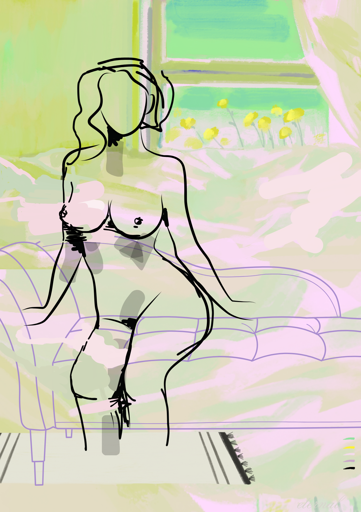 Nude Female Sketch with Chaise Art Print, Sydney Artist - Eternal Art & Design - Eternal Art & Design