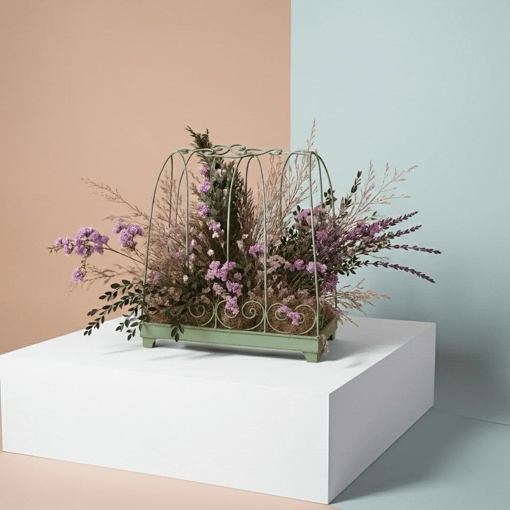 French-Inspired Dried Floral Centrepiece - Pink & Purple Lavender arrangement in Willow & Silk 'Handbag' Conservatory Style Planter - Eternal Art & Design Sydney