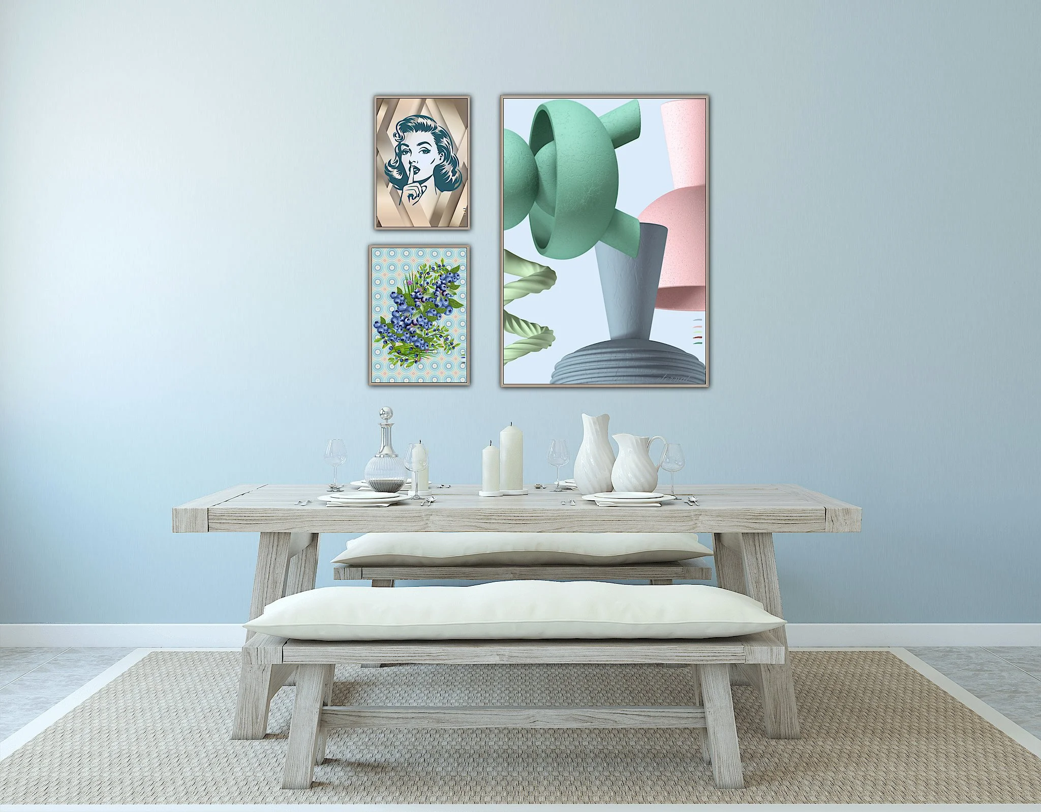 Dining table with white pillows and decorative items, wall with four modern framed art pieces, light blue wall, beige rug, and tiled floor.