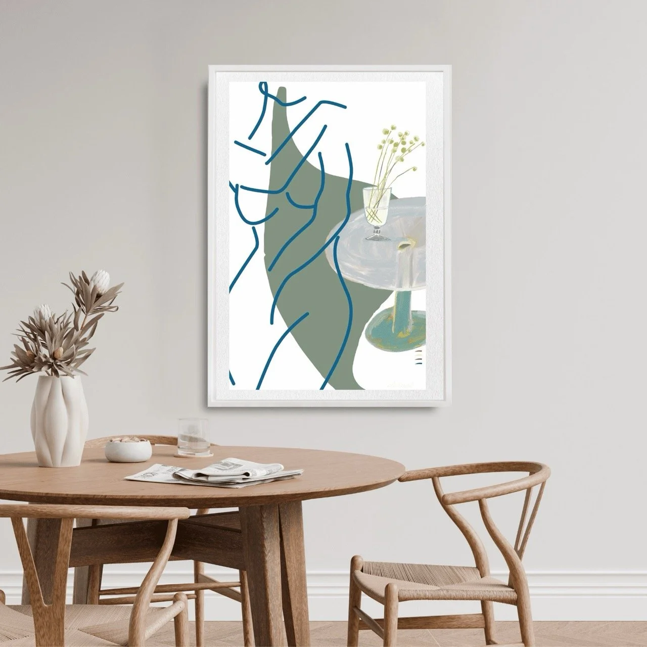 Female Figure Minimalist Nude Line Drawing with Billy Buttons Wall Art Print, Sydney Artist - Eternal Art Prints - Eternal Art & Design