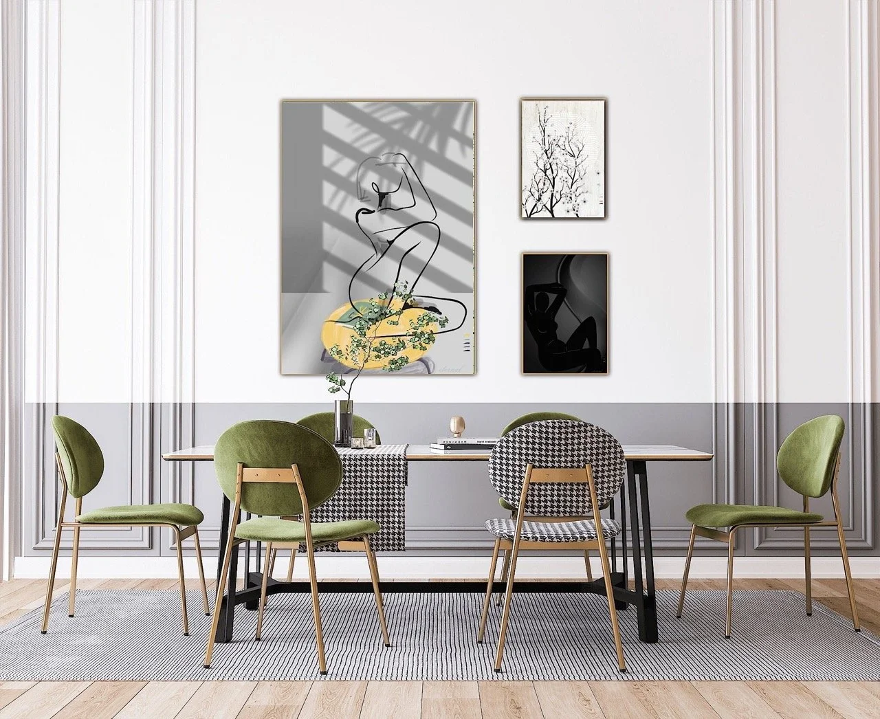 A modern dining room with a white wall decorated with four framed art pieces by Eternal Art & Design Sydney, including line drawings and landscapes. Six chairs with green and black-and-white patterned upholstery surround a long dining table, which ha