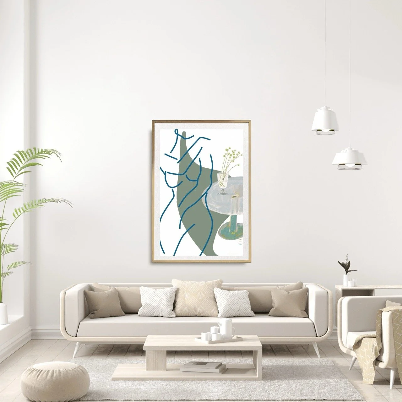 Female Figure Minimalist Nude Line Drawing with Billy Buttons Wall Art Print, Sydney Artist - Eternal Art Prints - Eternal Art & Design