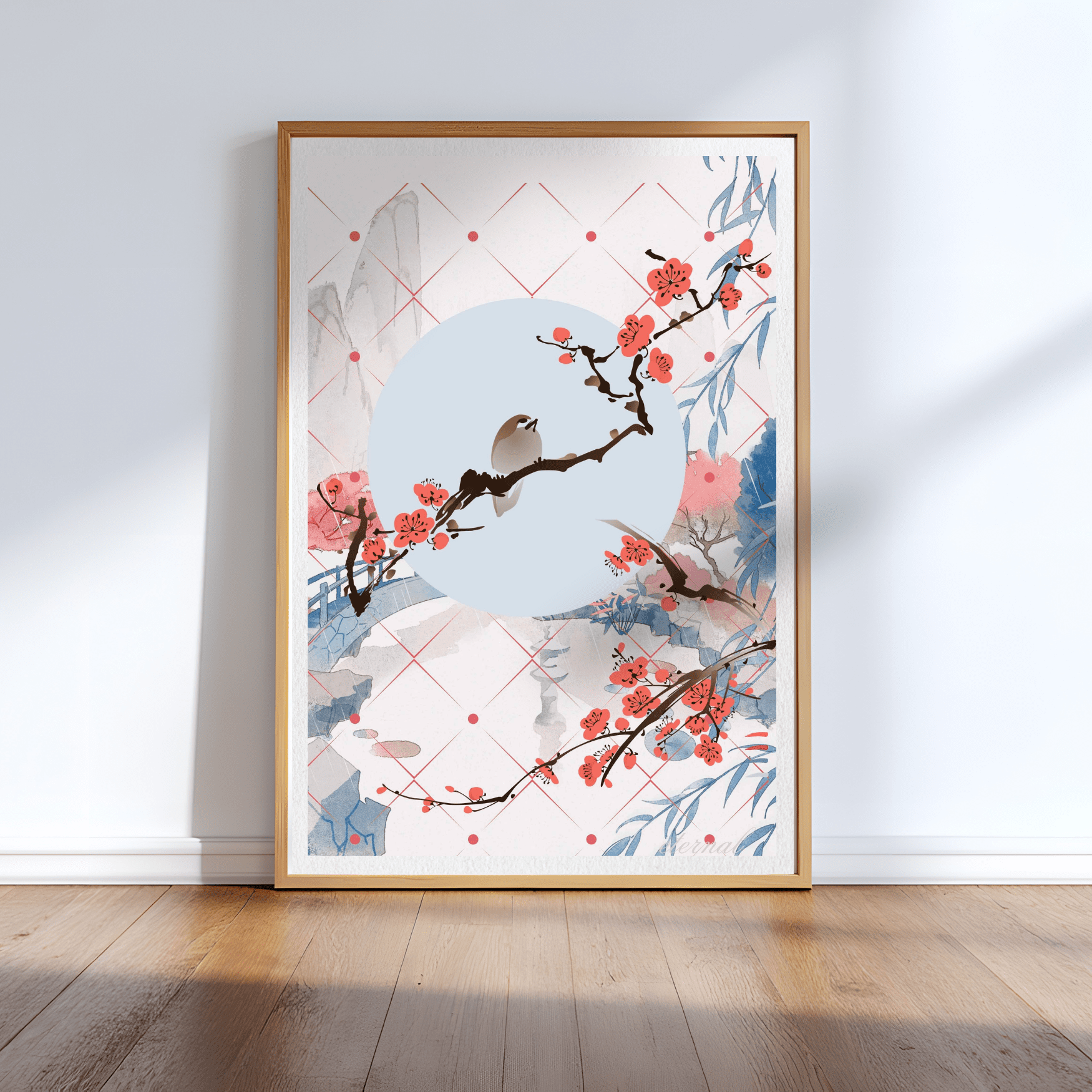 Cherry Blossom with Landscape with Birds Wall Art Print, Eternal Art Prints - Eternal Art & Design