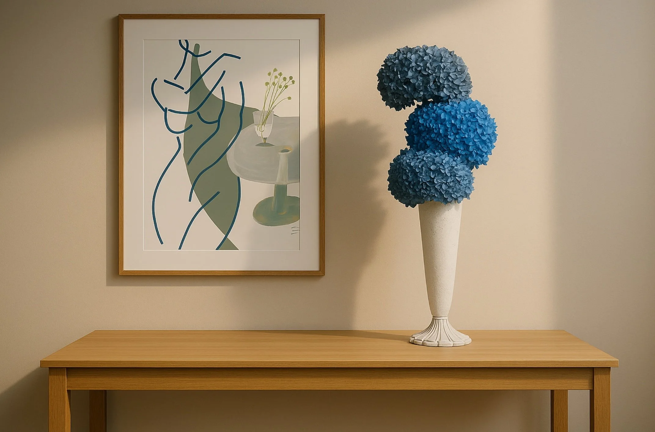 Tall Footed Vase with Blue Hydrangea's - Eternal Stems. Handcrafted dried & preserved arrangement - Eternal Art & Design