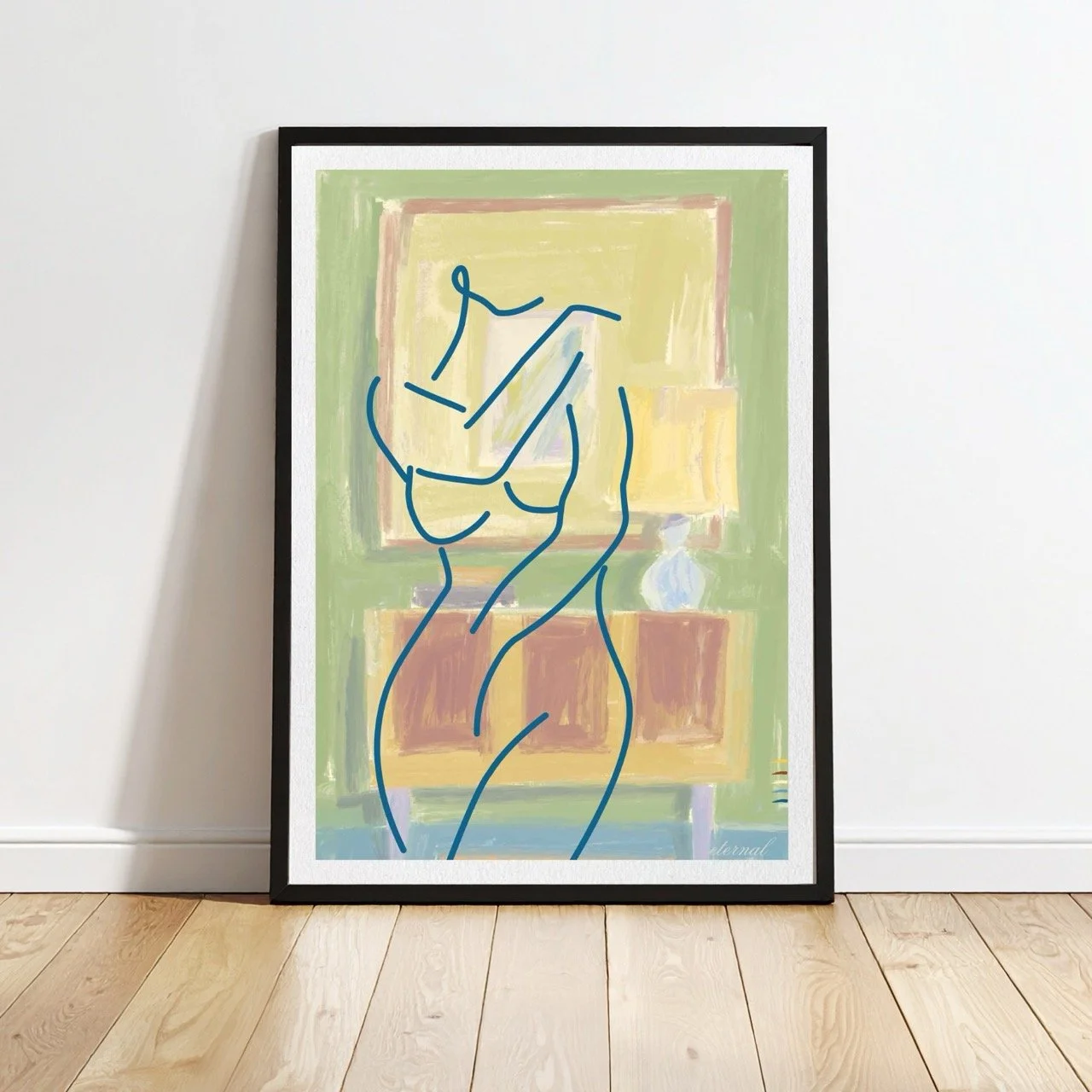 Femake Figure Elegant Blue Line Drawing Wall Art Print, Sydney Artist - Eternal Art Prints