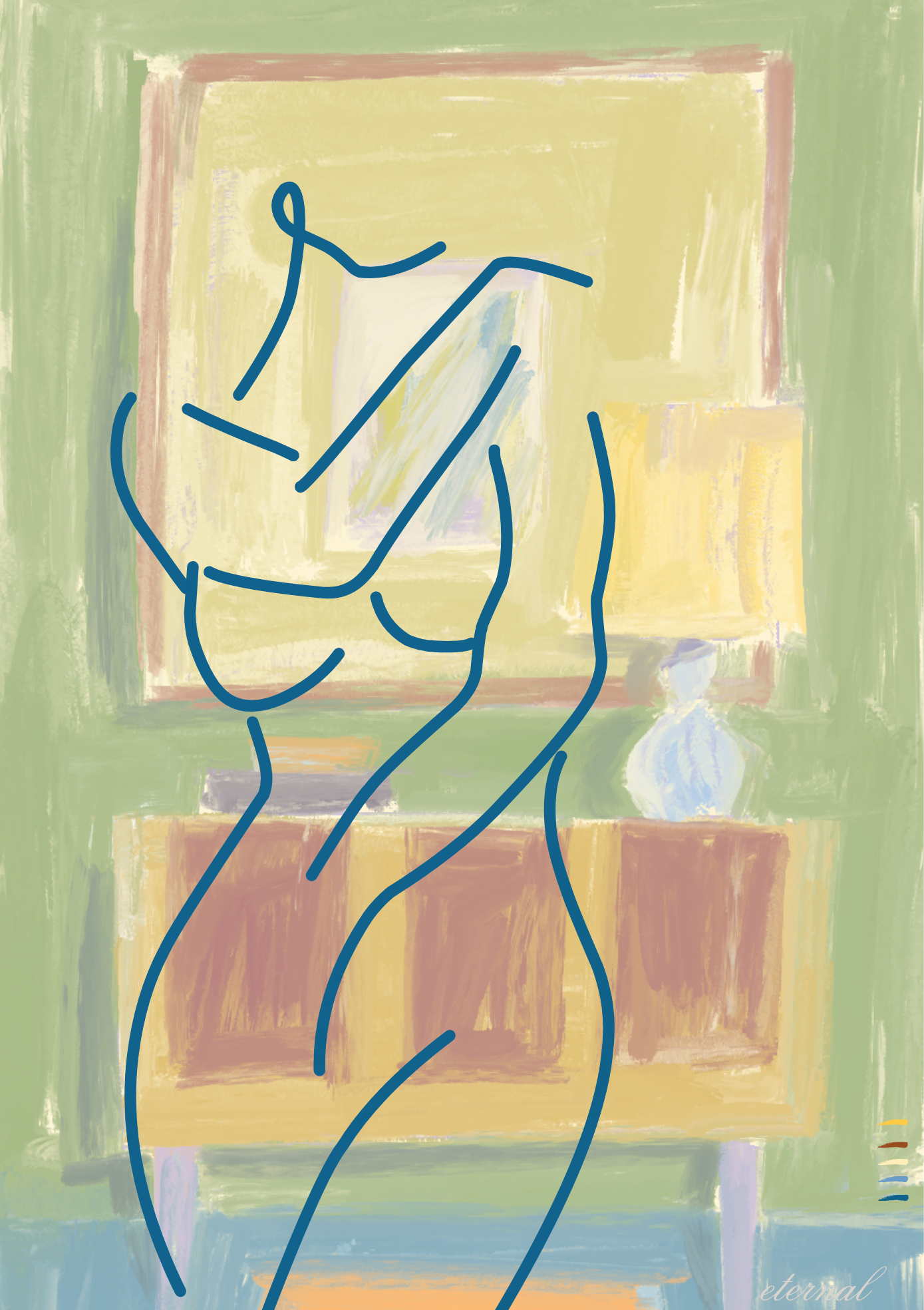 Femake Figure Elegant Blue Line Drawing Wall Art Print, Sydney Artist - Eternal Art Prints
