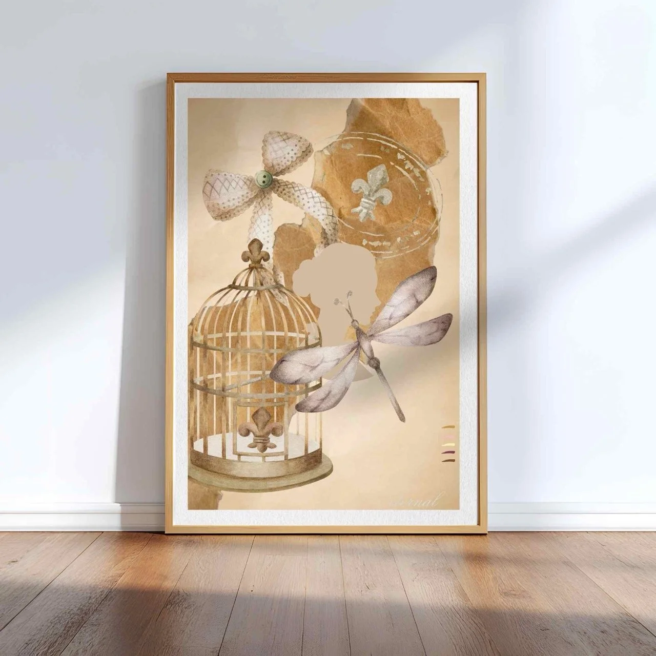 Vintage Birdcage Bow and Dragonfly Wall Art Print, Eternal Art Prints