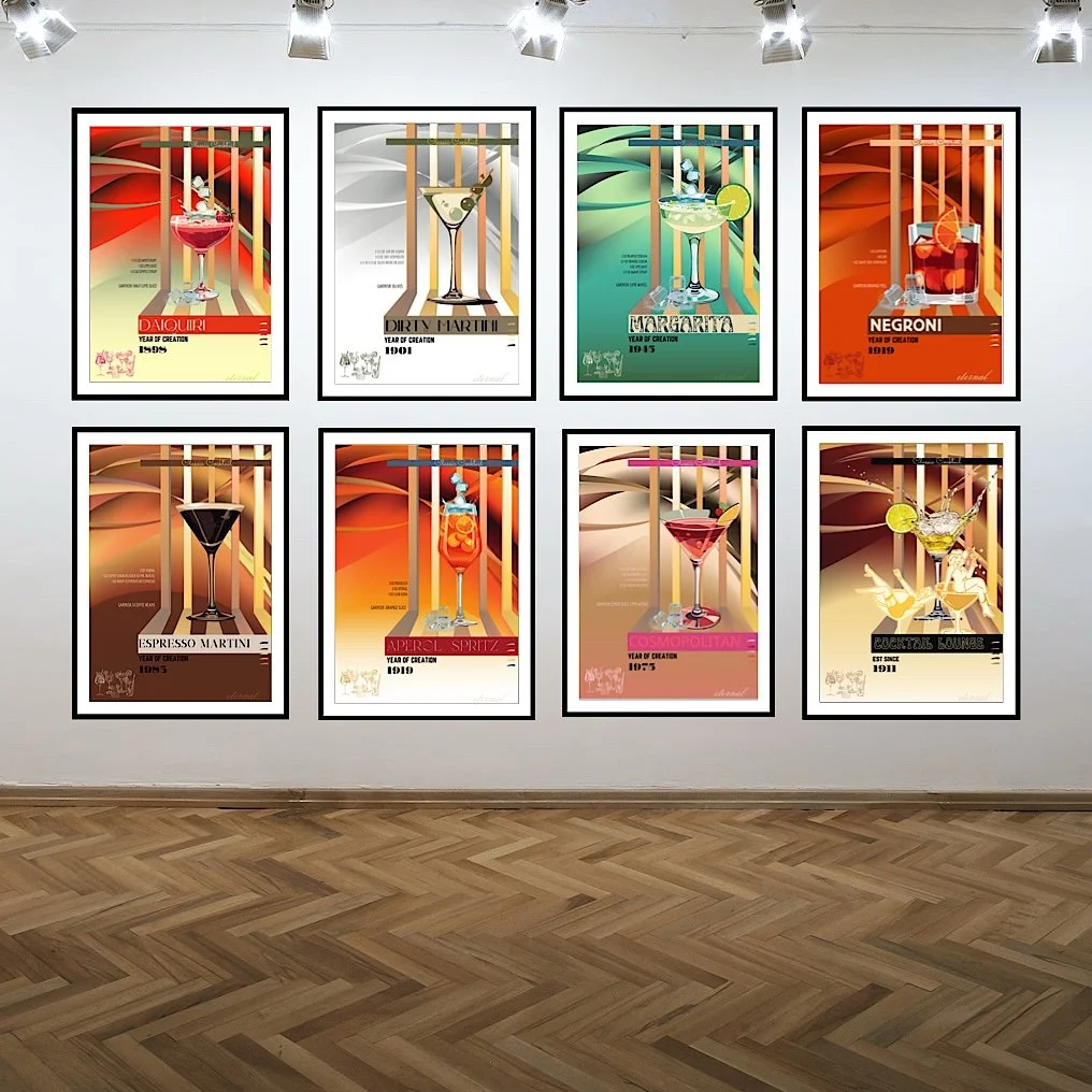 Eight colorful posters of cocktails and drinks displayed on a gallery wall.