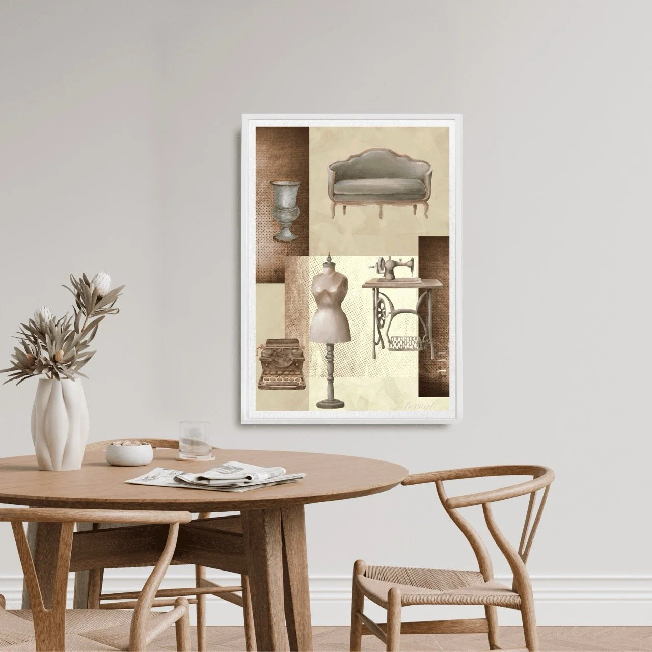 Vintage Decor Objects in Brown with Mannequin Wall Art Print, Eternal Art Prints - Eternal Art & Design