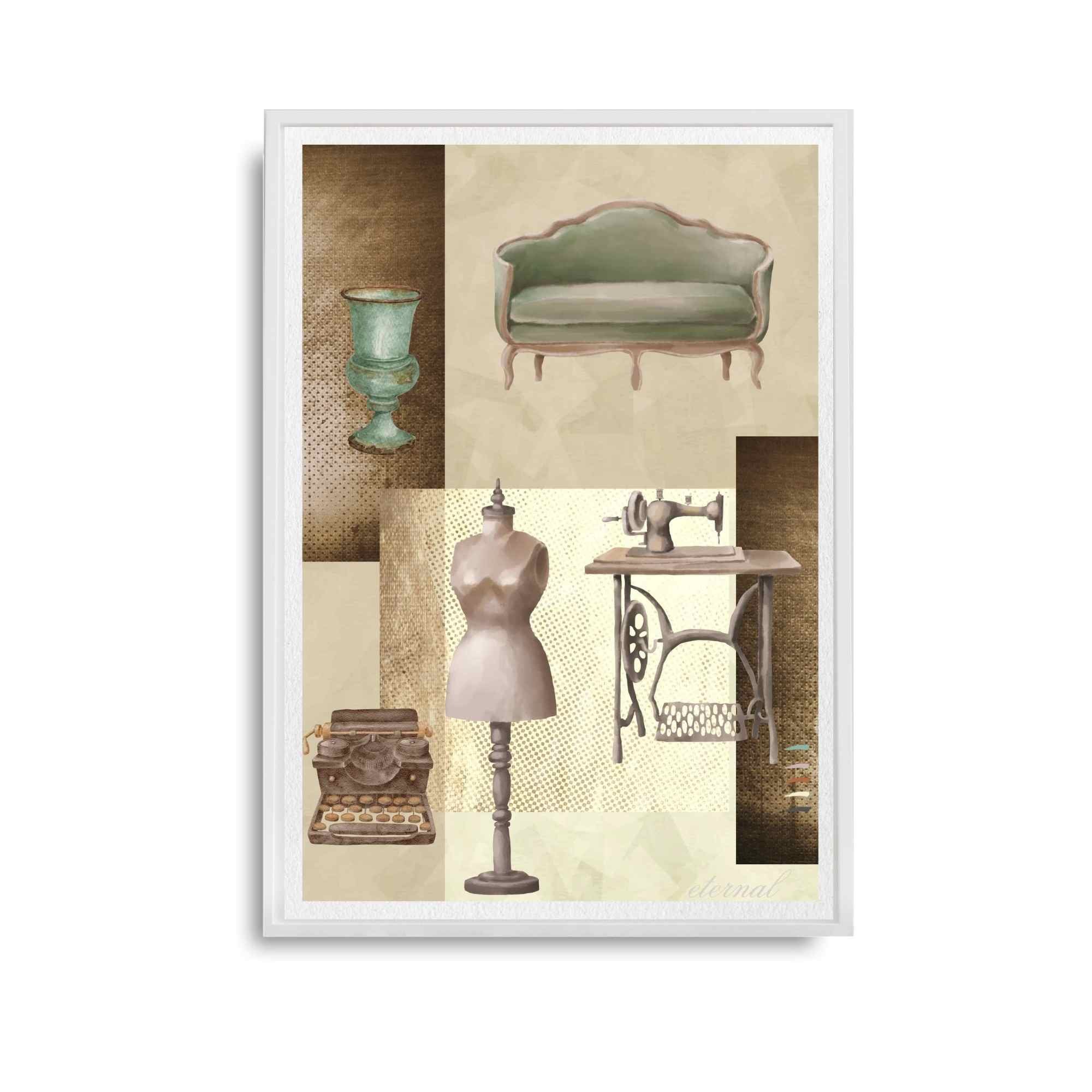 Vintage Decor Objects in Brown with Mannequin Wall Art Print, Eternal Art Prints - Eternal Art & Design