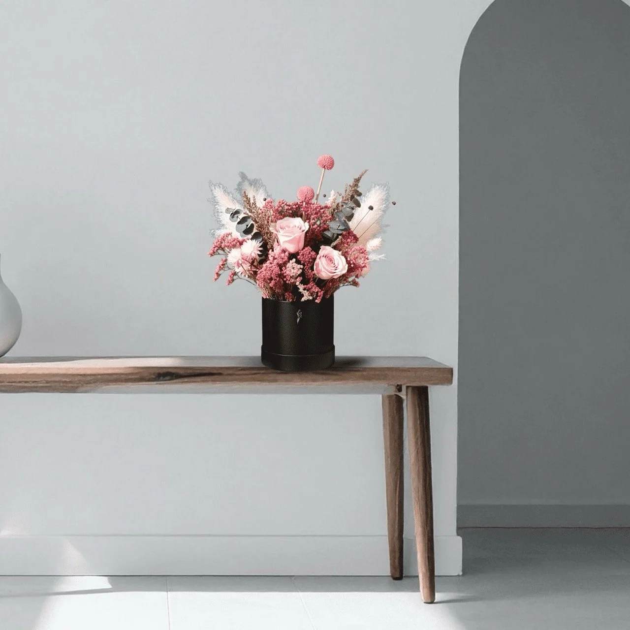 Dried Flower Pink & White Medium Bouquet in Gift Box - 30cm "Blushberry Dream" -. Handcrafted dried & preserved arrangement. - Eternal Art & Design