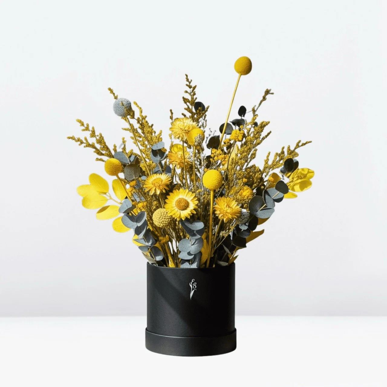 Medium Yellow & Blue Dried & Preserved Flower Bouquet - Everlasting Table Centrepiece (30cm) - Handcrafted dried & preserved arrangement Sydney - Eternal Art & Design