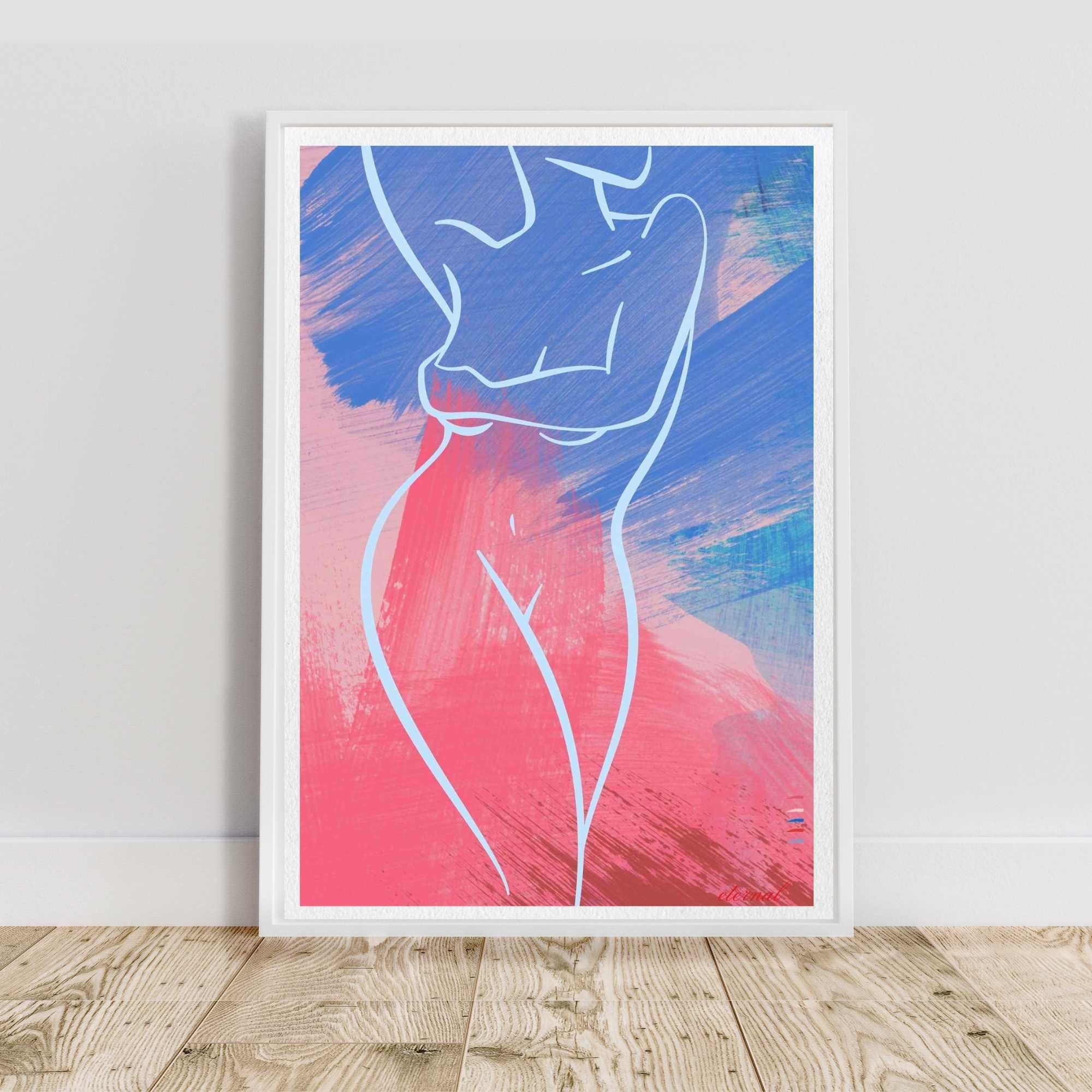 Female Figure Nude Light Blue Line Drawing Art Print, Sydney Artist - Eternal Art & Design