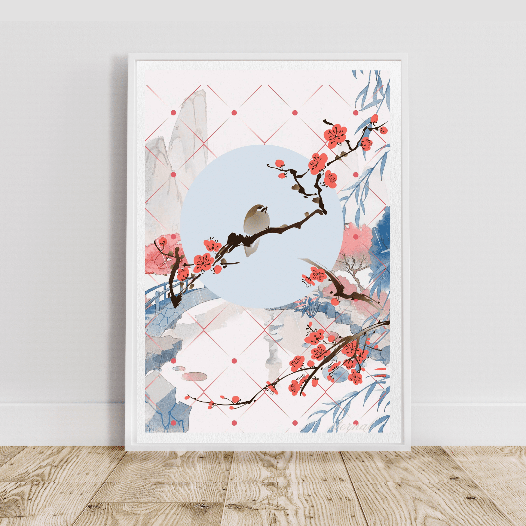 Cherry Blossom with Landscape with Birds Wall Art Print, Eternal Art Prints