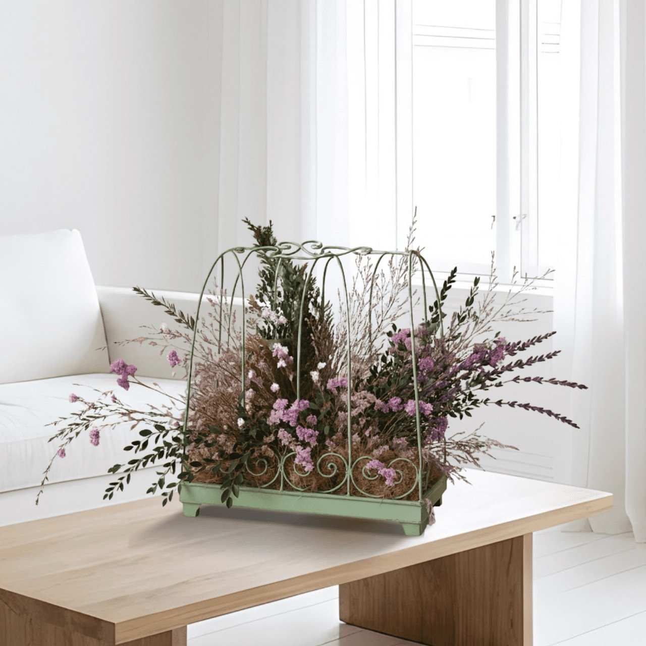 French-Inspired Dried Floral Centrepiece - Pink & Purple Lavender arrangement in Willow & Silk 'Handbag' Conservatory Style Planter - Eternal Art & Design Sydney - Eternal Art & Design