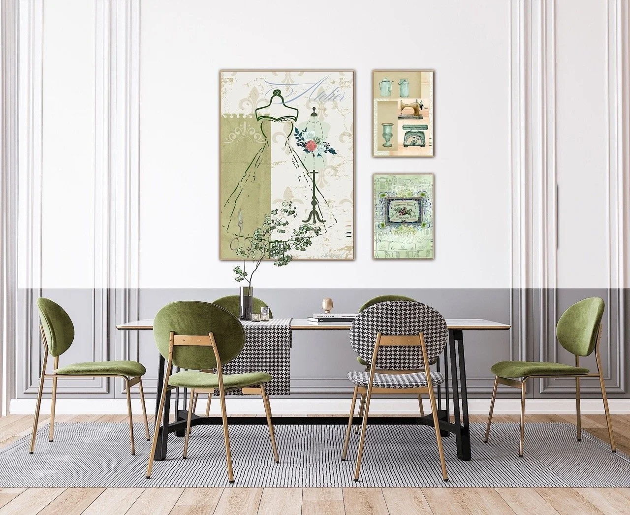 A modern dining room with a white wall featuring four framed art pieces by Eternal Art & Design Sydney, a black-and-white striped tablecloth, a small potted plant, and six green chairs surrounding a table on a black-and-white striped rug.