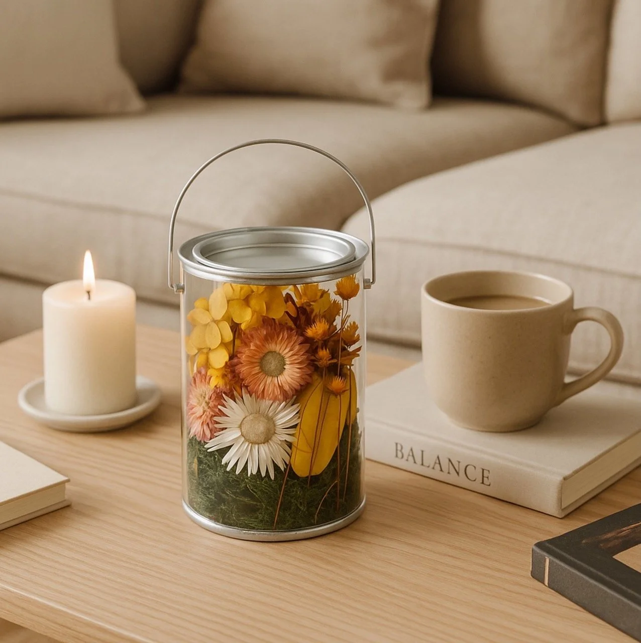 "Love Bud" Dried Flower Gift Tin - Yellow Florals & Forest Mosses (12.5cm) - Eternal Art & Design Sydney