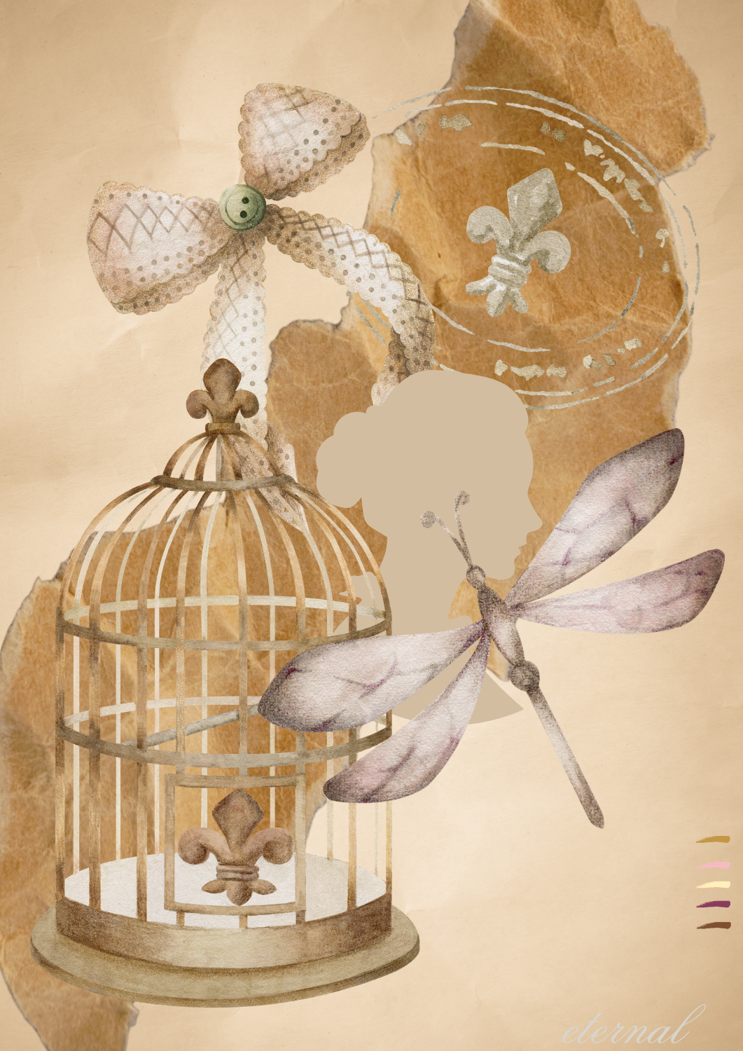Vintage Birdcage Bow and Dragonfly Wall Art Print, Eternal Art Prints