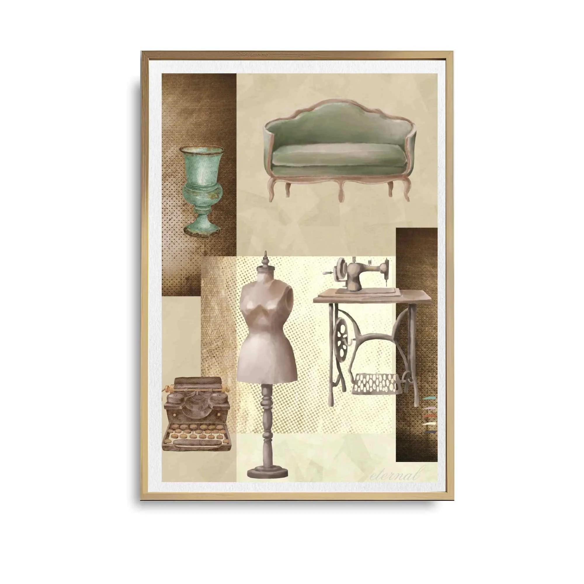 Vintage Decor Objects in Brown with Mannequin Wall Art Print, Eternal Art Prints - Eternal Art & Design