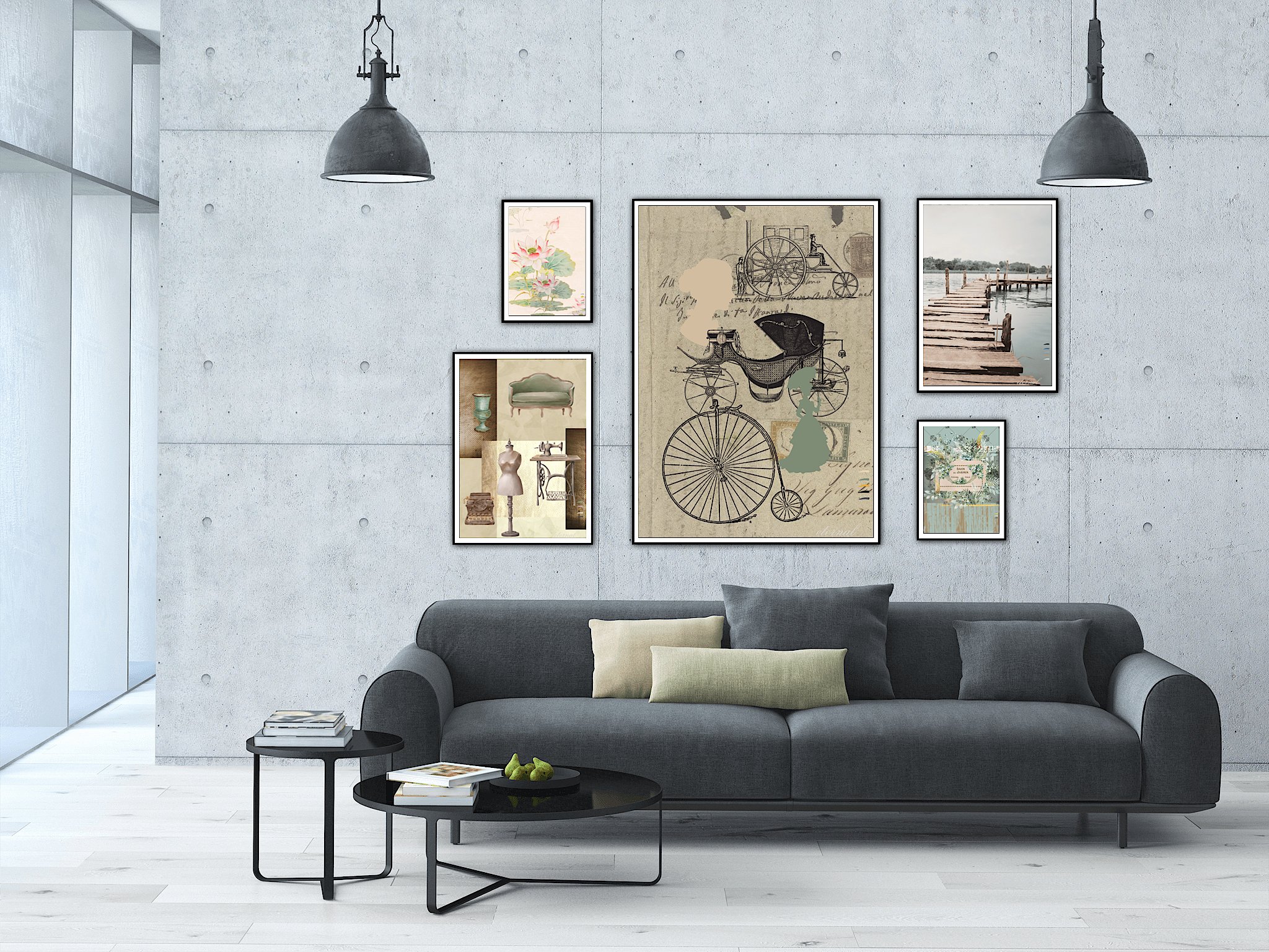 Modern living room with a gray couch, black coffee and side tables, and wall art including a bike sketch, floral picture, and a boat dock scene, with industrial pendant lights.