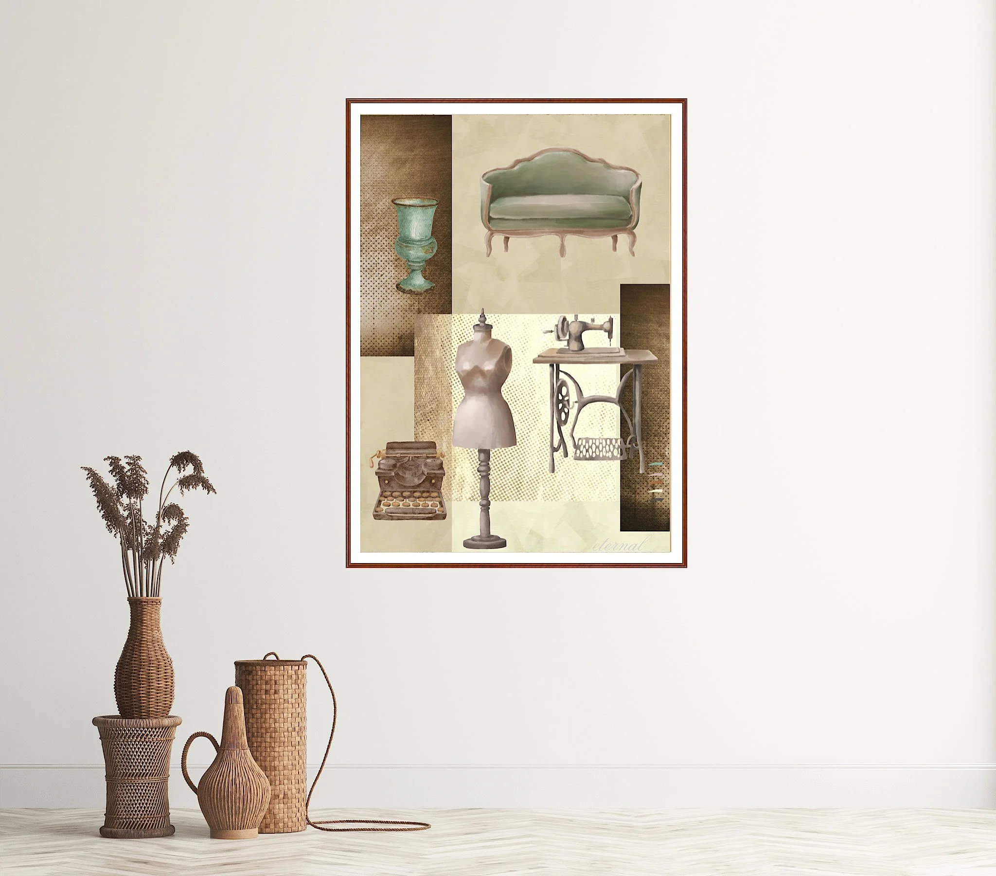 Decorative art print featuring vintage furniture and sewing-related items, hung on a white wall with a set of woven vases and dried plants on the floor.
