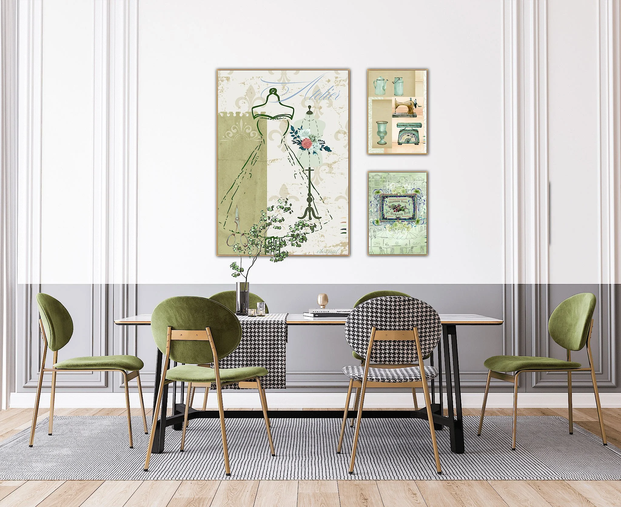 A modern dining room with a white wall featuring four framed art pieces, a black-and-white striped tablecloth, a small potted plant, and six green chairs surrounding a table on a black-and-white striped rug.