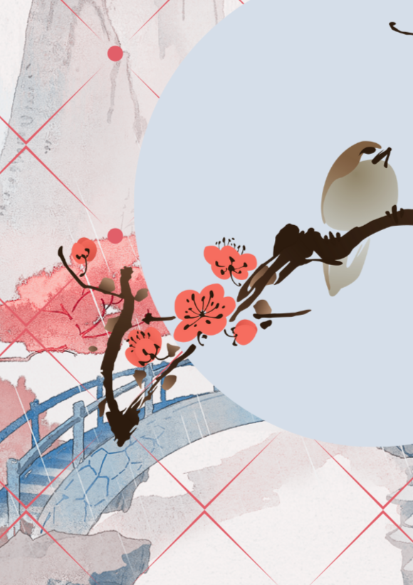 Cherry Blossom with Landscape with Birds Wall Art Print, Eternal Art & Design - Eternal Art & Design