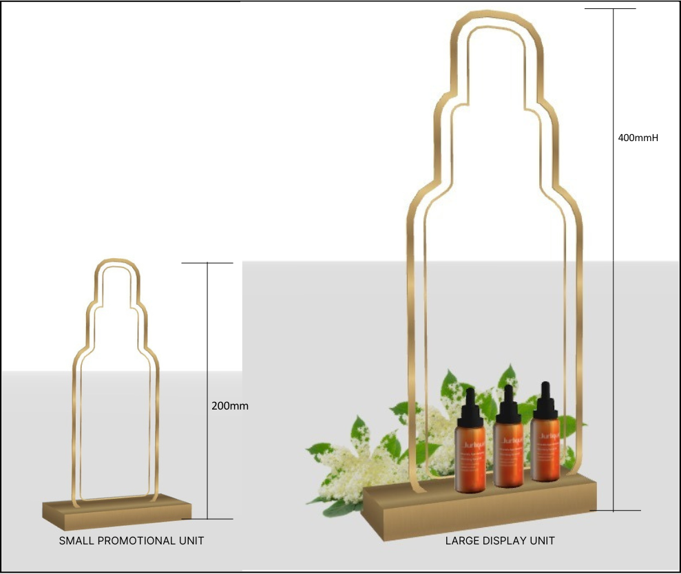Comparison of a small promotional display unit and a large display unit shaped like a bottle with measuring dimensions, showcasing three bottles and some greenery in the large display.