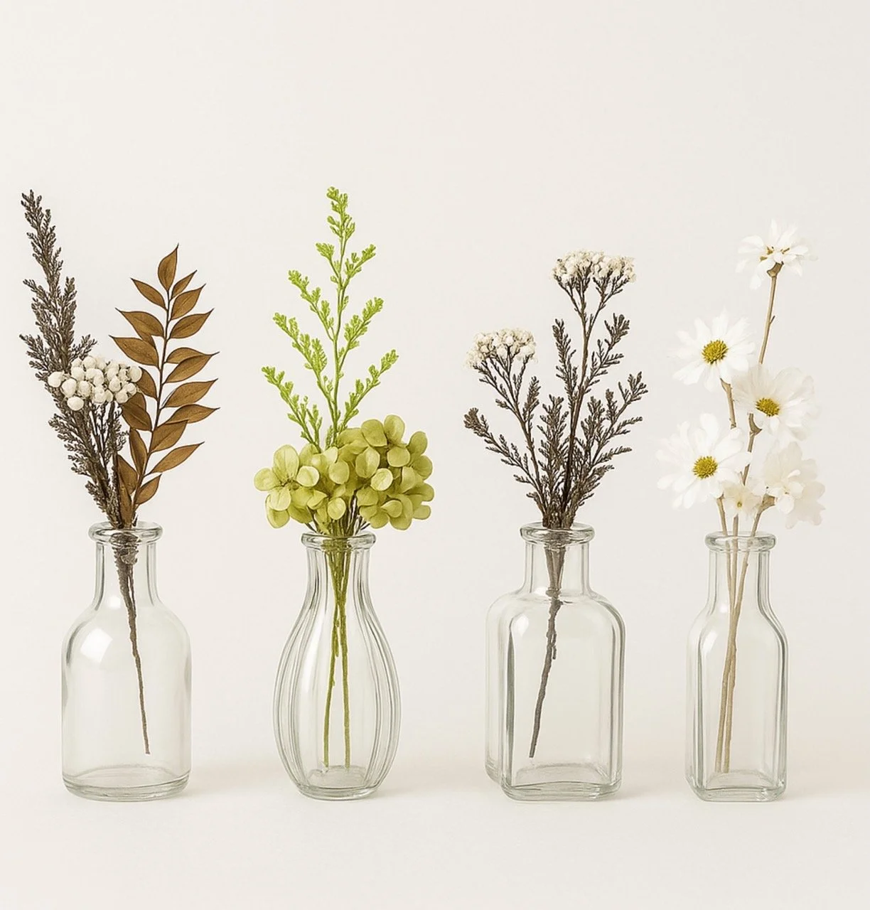 "Love Bud" Bud Vase Styling Set (4 Glass Vases) - Naturally Green & Beige Dried Florals & Mosses - Handcrafted dried & preserved florals - Eternal Art & Design