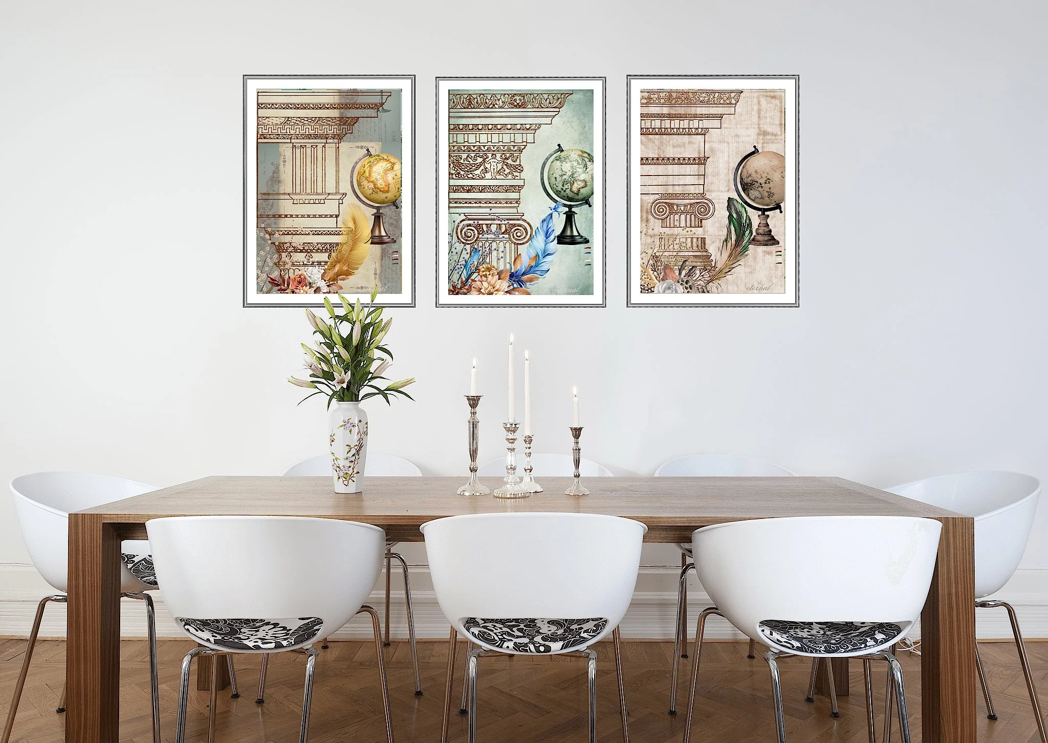 Modern dining room with a wooden table, six white chairs with black and white patterned cushions, a flower vase with green foliage, and three candlesticks with lit candles. Above the table are three framed art prints of classical architectural elemen