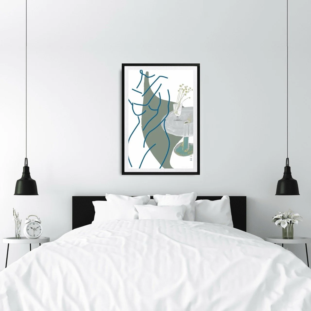 Female Figure Minimalist Nude Line Drawing with Billy Buttons Wall Art Print, Sydney Artist - Eternal Art Prints - Eternal Art & Design