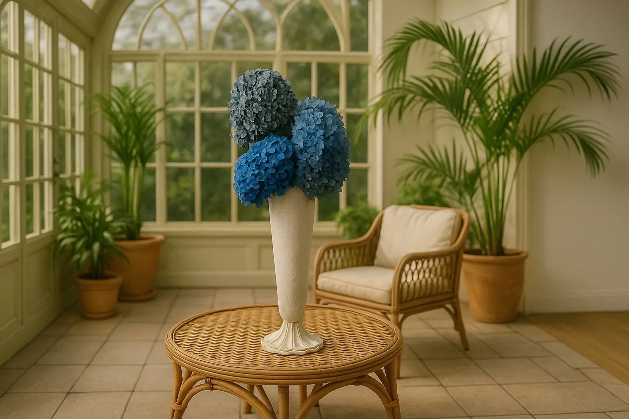 A living room with large windows and green plants, featuring a wicker table with a tall white vase holding blue hydrangea flowers, and a wicker armchair with cream cushions.
