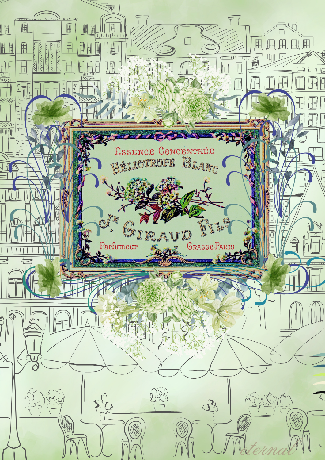 Parisian Cityscape in Green Botanical Print - Special Edition Wall Art Eternal Art Prints