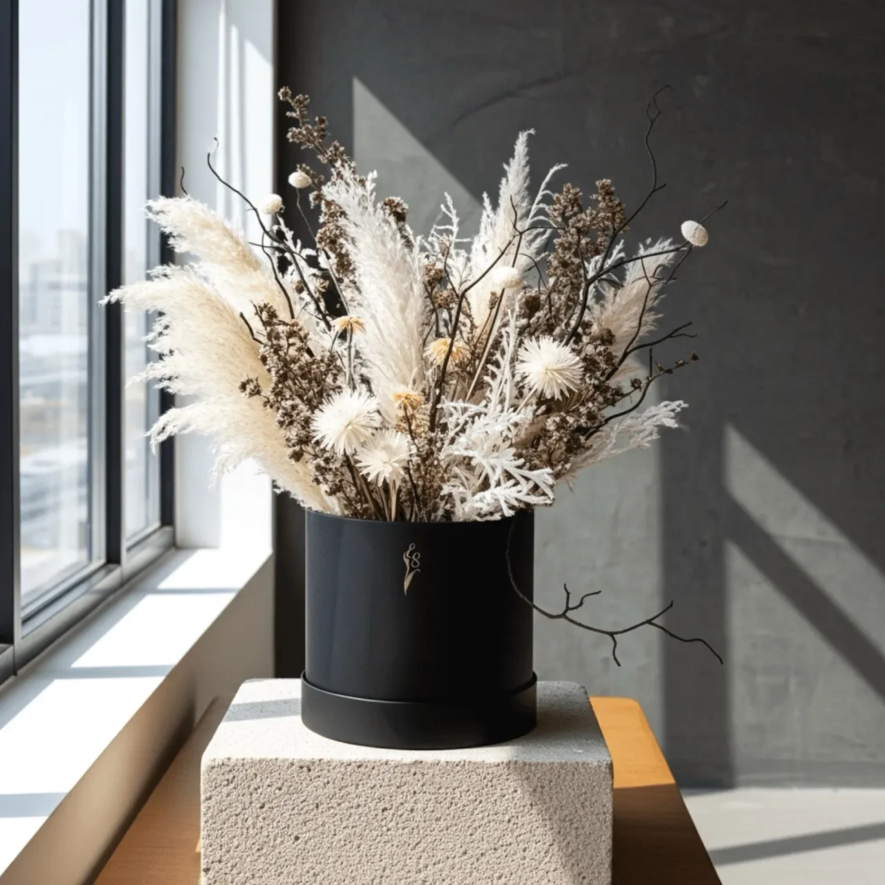 "Frosted Noir" Modern Dried Flower Bouquet in Gift Box - Striking Luxe Black & White Contrast Decor (30cm) Medium. Handcrafted dried & preserved arrangement