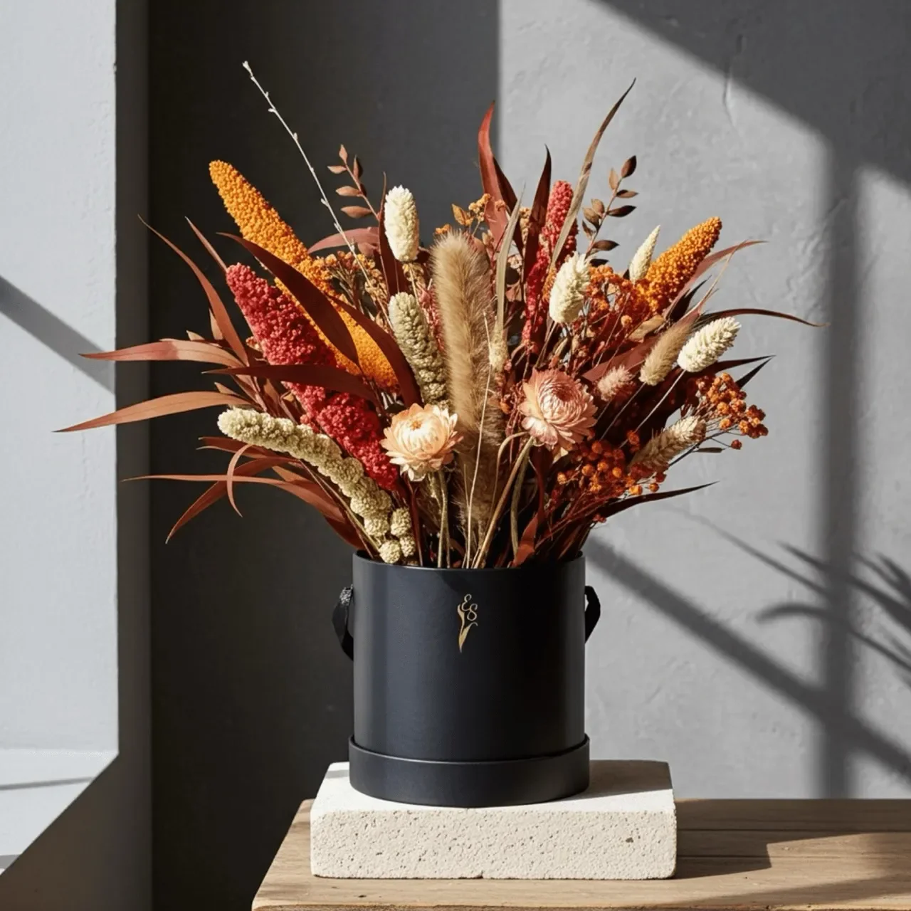 Dried & Preserved Native Bouquet - Red & Orange Florals in Gift box - 30cm "Crimson Harvest"  - Handcrafted dried & preserved arrangement