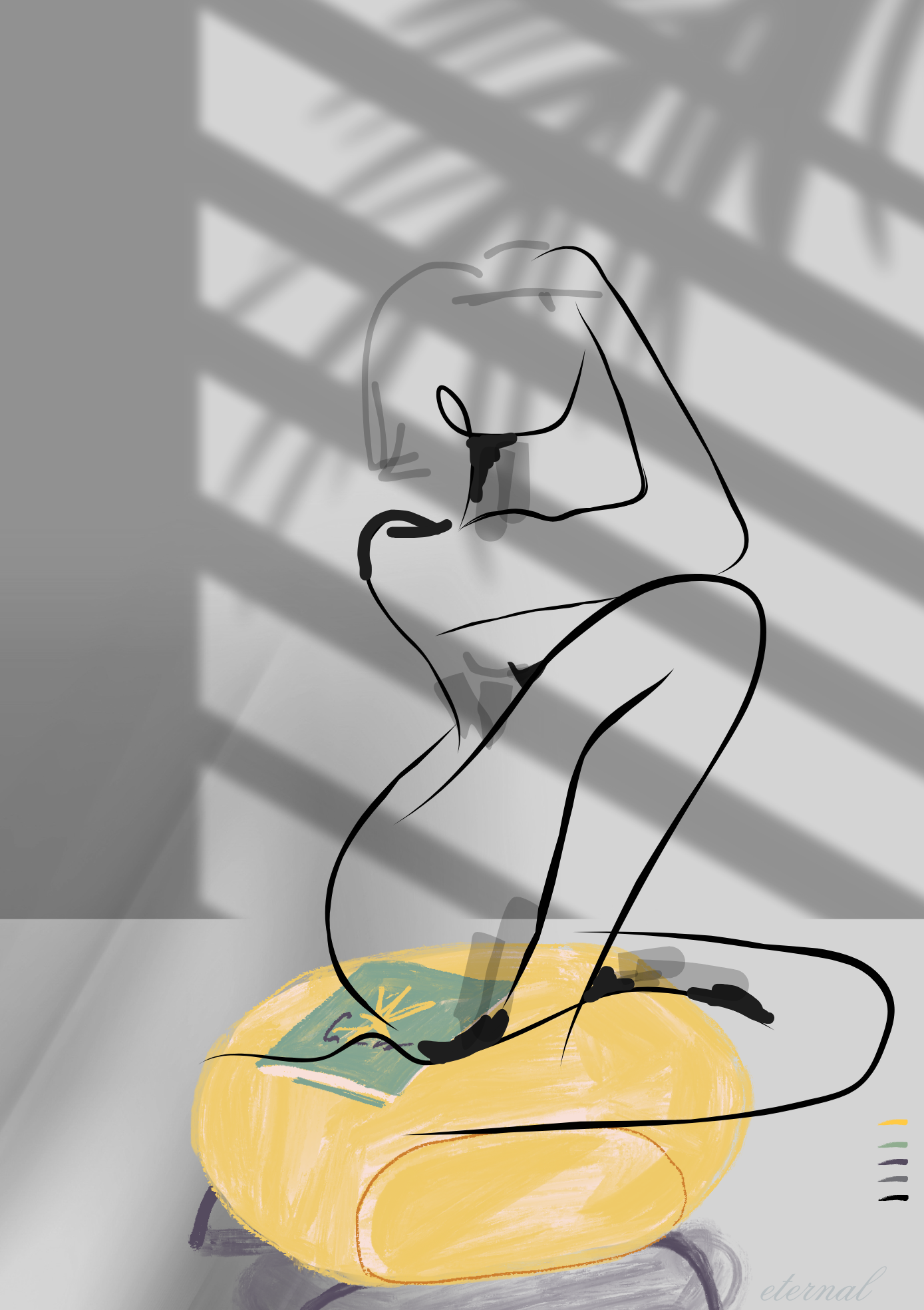 Nude Female Seated on Yellow Ottoman Art Print, Sydney Artist - Eternal Art Prints