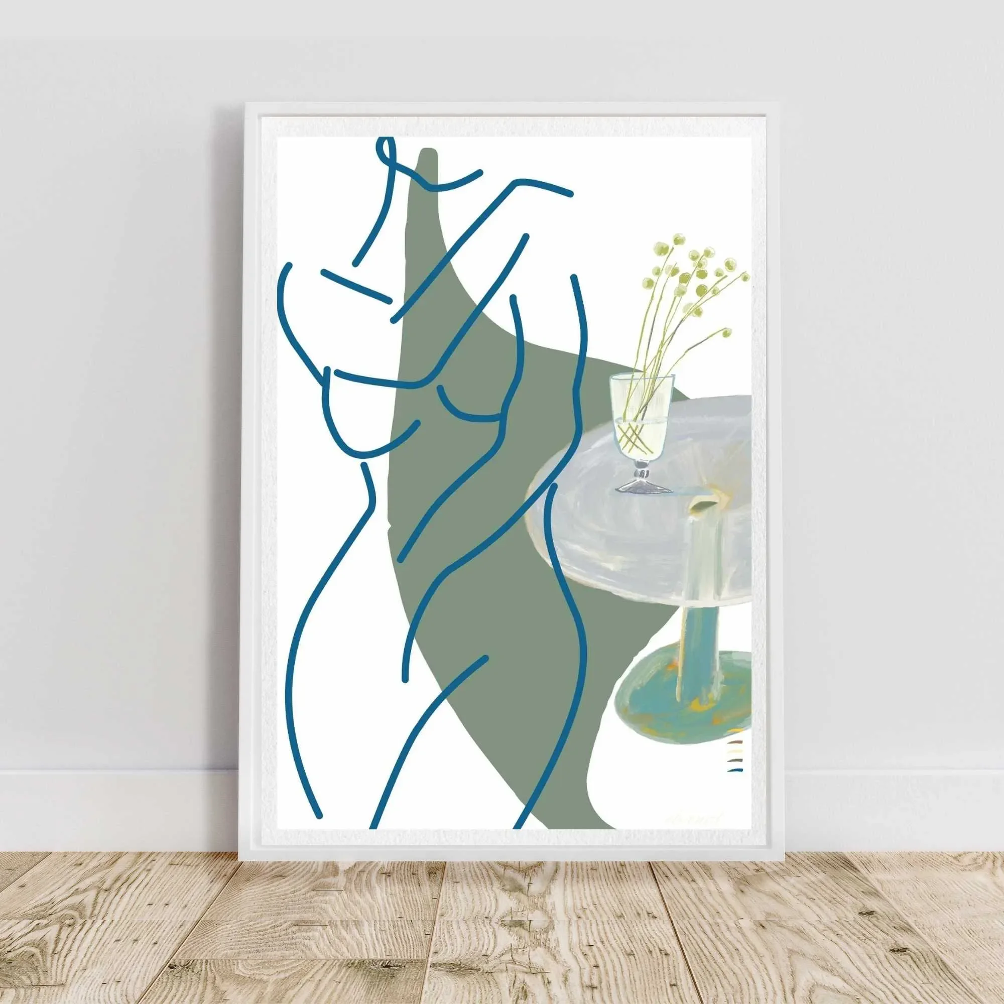 Female Figure Minimalist Nude Line Drawing with Billy Buttons Wall Art Print, Sydney Artist - Eternal Art Prints