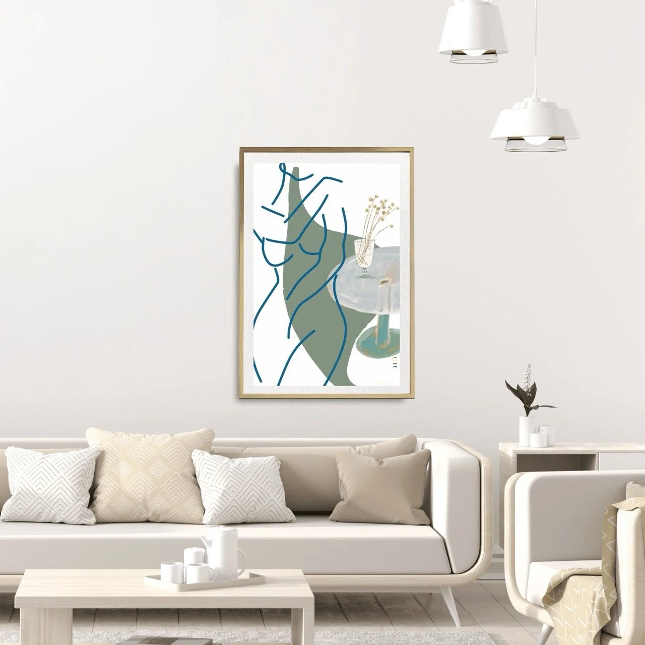 Female Figure Minimalist Nude Line Drawing with Billy Buttons Wall Art Print, Sydney Artist - Eternal Art Prints - Eternal Art & Design