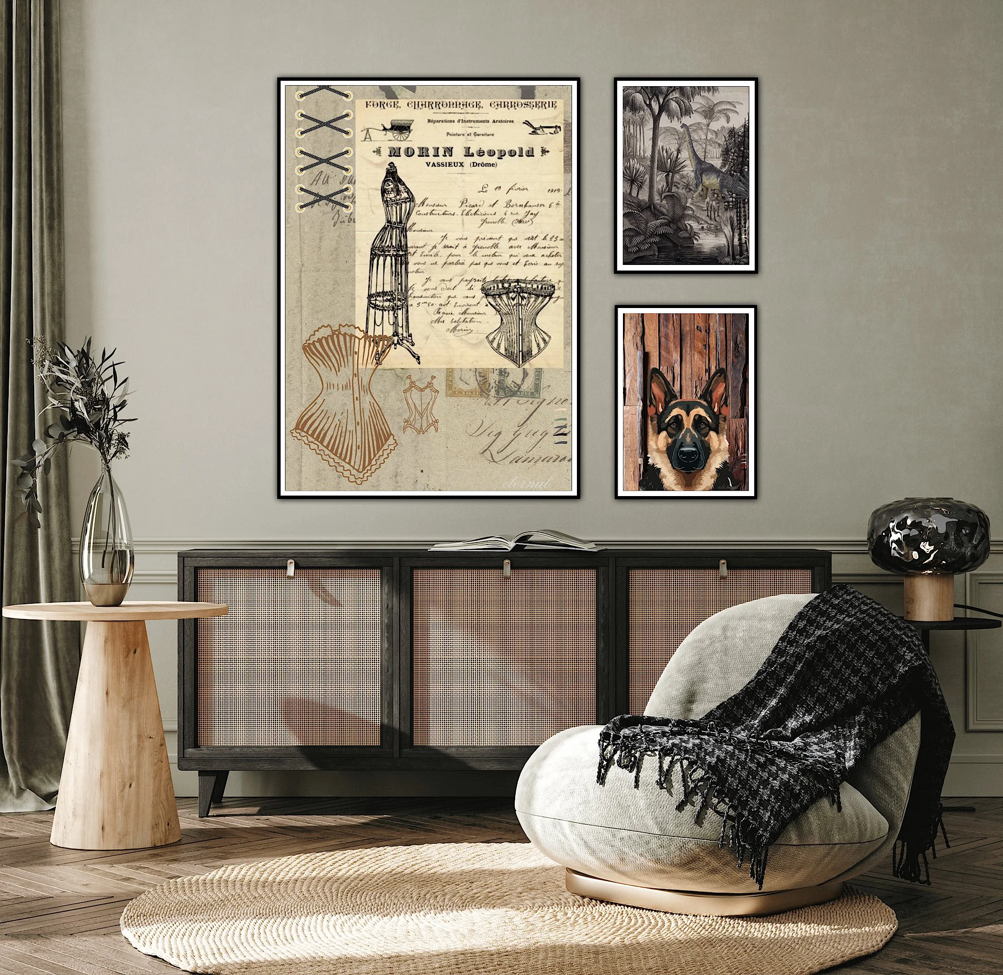 Living room with three framed art pieces on a light-colored wall, a black sideboard, a cream round lounge chair with a black throw blanket, a wooden side table with a clear glass vase and foliage, a black decorative item on a small table, and a circu