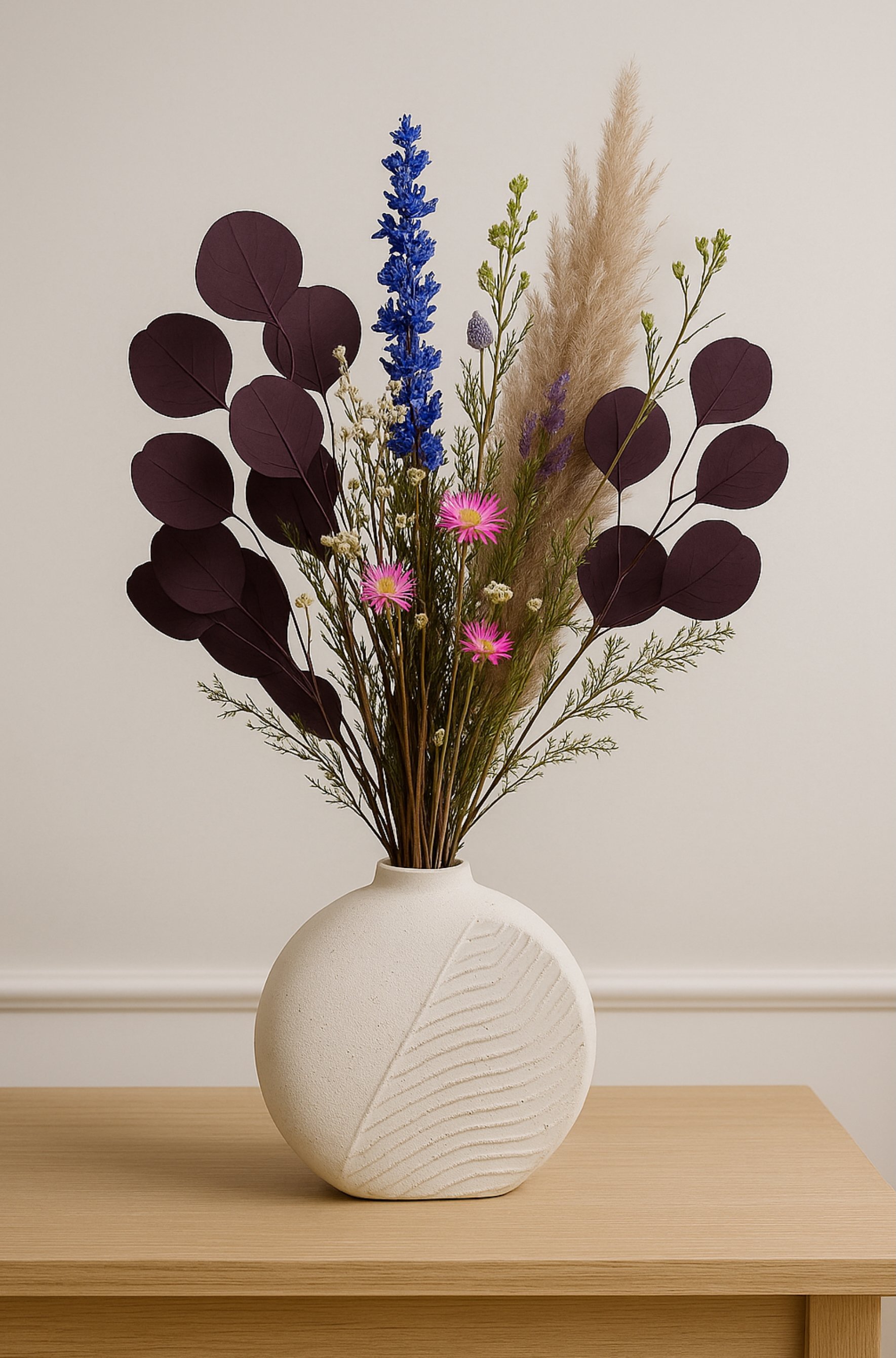 Mulberry Meadow with Textured Vase - Eternal Stems. Handcrafted dried & preserved arrangement
