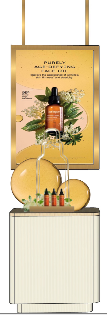 Display of skincare products featuring a bottle of pure age-defying face oil, surrounded by decorative eggs and greenery, with promotional signage highlighting the product's anti-wrinkle benefits and natural ingredients.