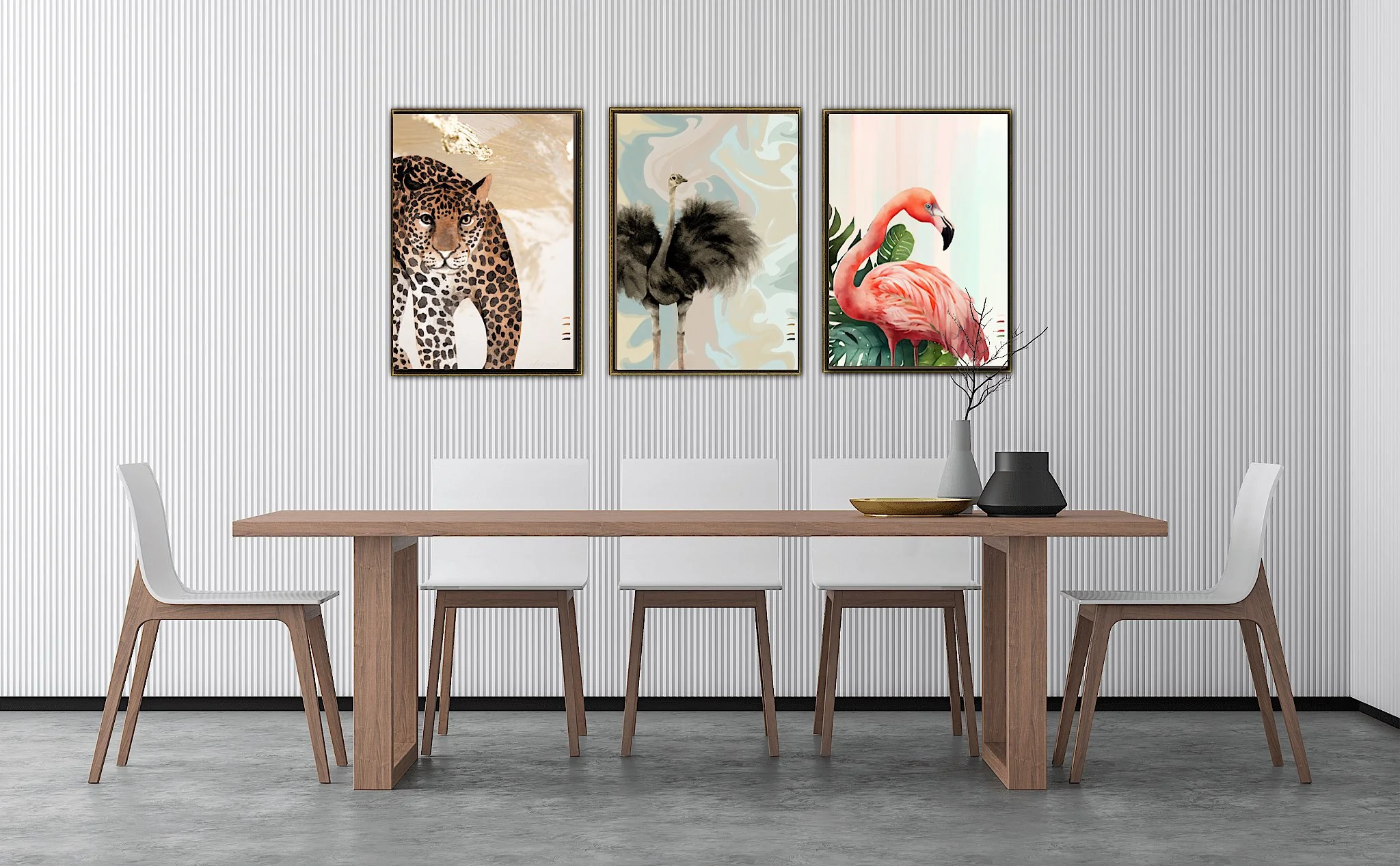 Modern dining room with a wooden table, six white and wooden chairs, and three framed animal art prints on a textured white wall. Decoration includes a white vase with branches, a black vase, and a gold tray.