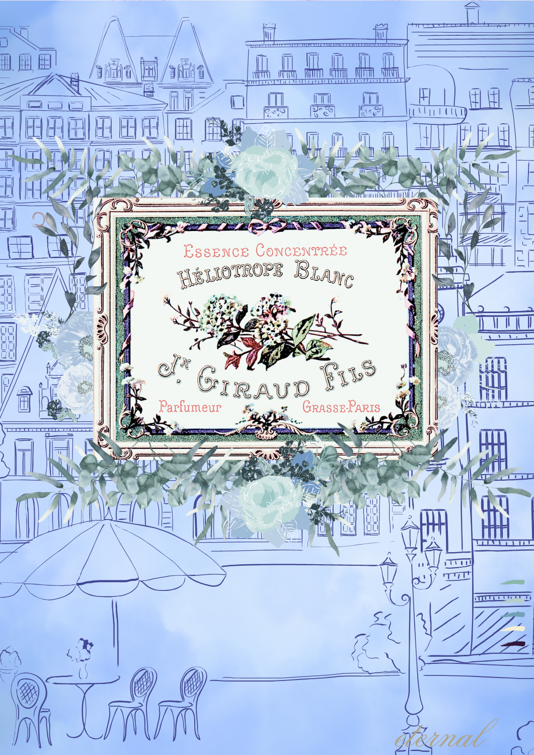 Parisian Cityscape in French Blue Botanical Print - Special Edition Wall Art Eternal Art Prints