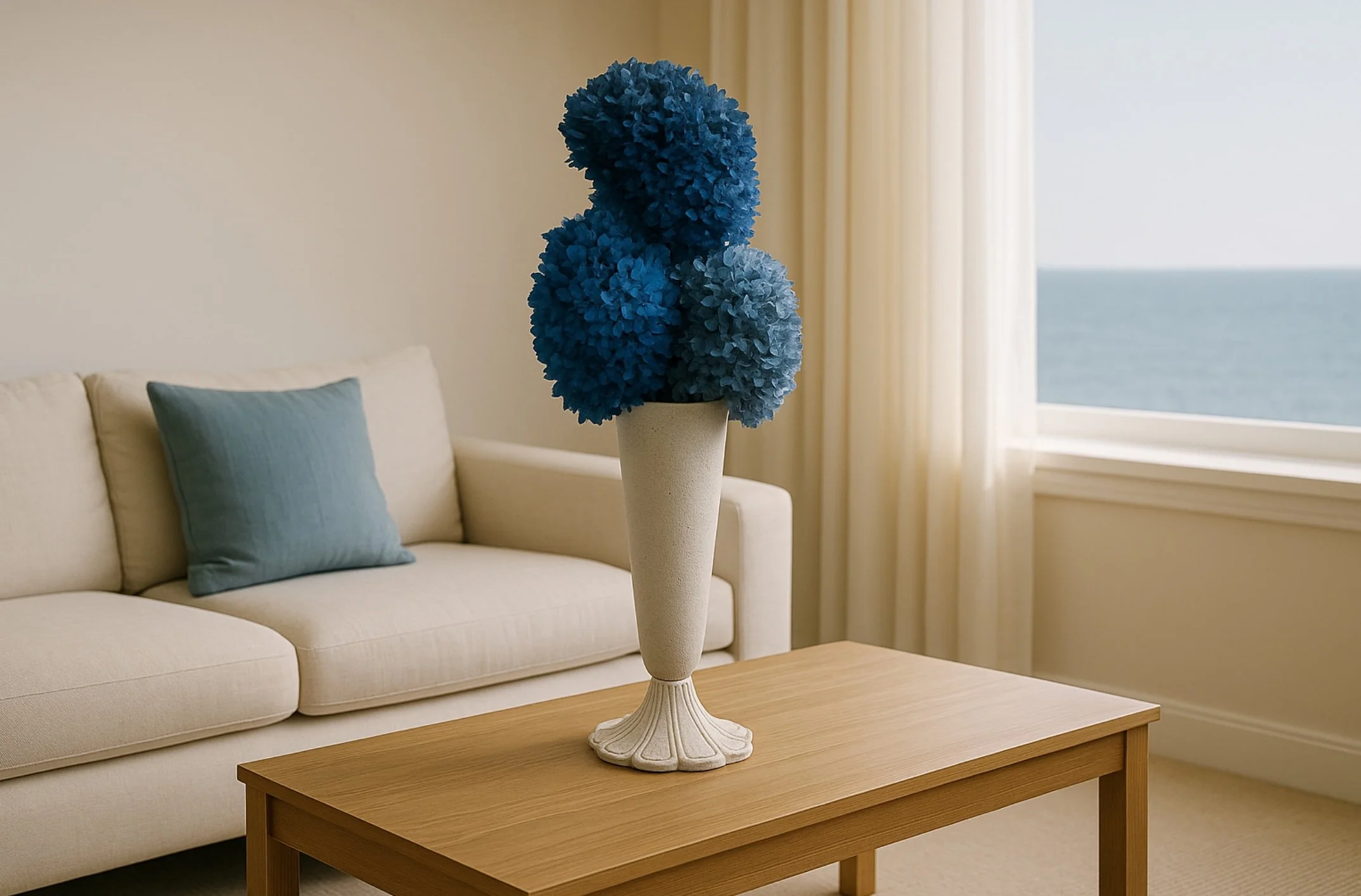 Tall Footed Vase with Blue Hydrangea's - Eternal Stems. Handcrafted dried & preserved arrangement - Eternal Art & Design